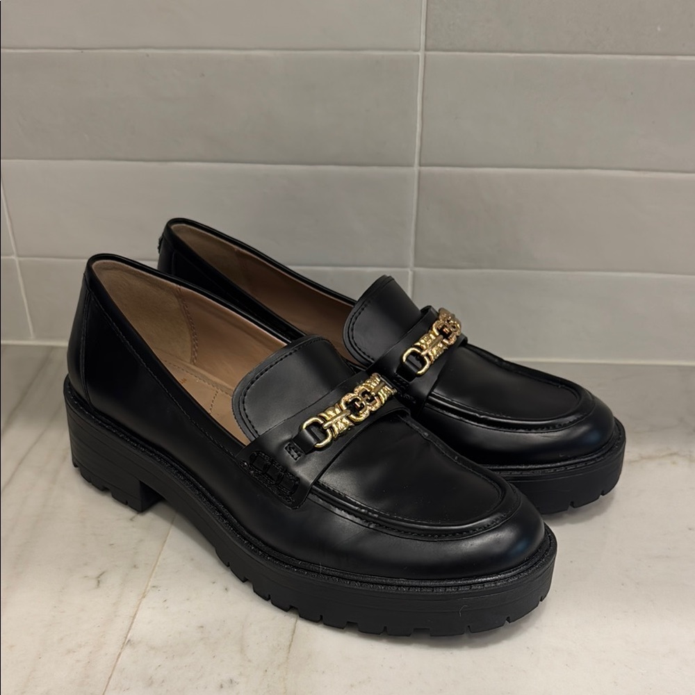 Sam Edelman Teo Lug Black Leather Loafers with Gold Accent